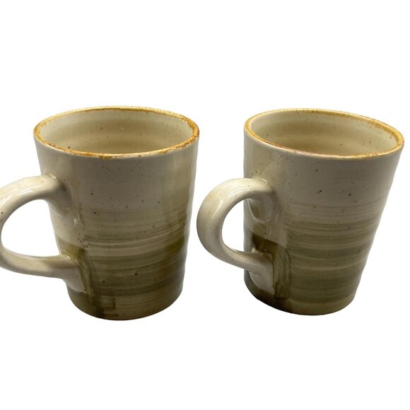 everyday Cnbson set of 2 coffee mugs cups strips tan green 5x4" dishwasher READ - Picture 1 of 4